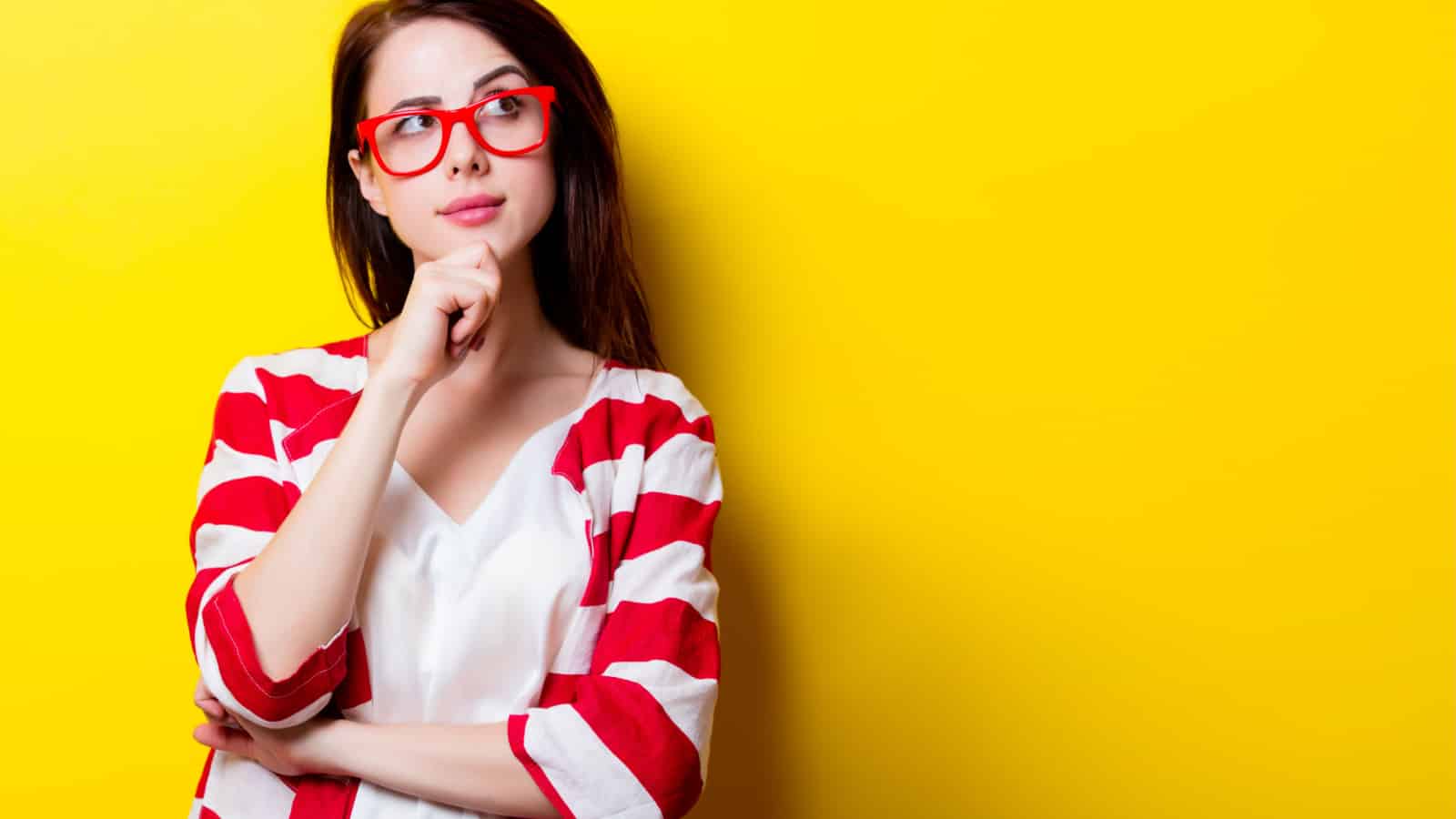 thinking woman in red