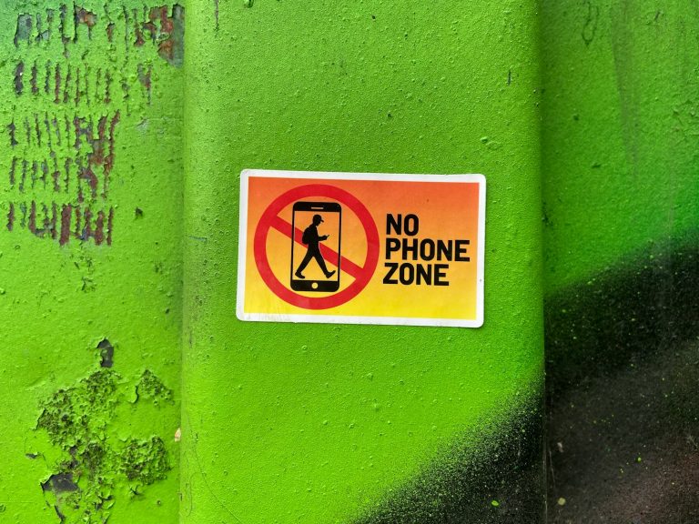 A no phone zone sign on a green wall; phone free childhood